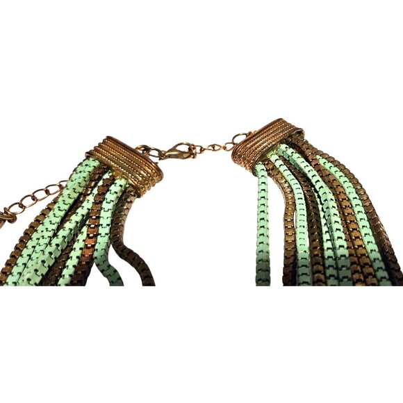 Vintage Necklace Multi-Strand Mint Green & Bronze Metal 3D Rectangular Links - Picture 4 of 11
